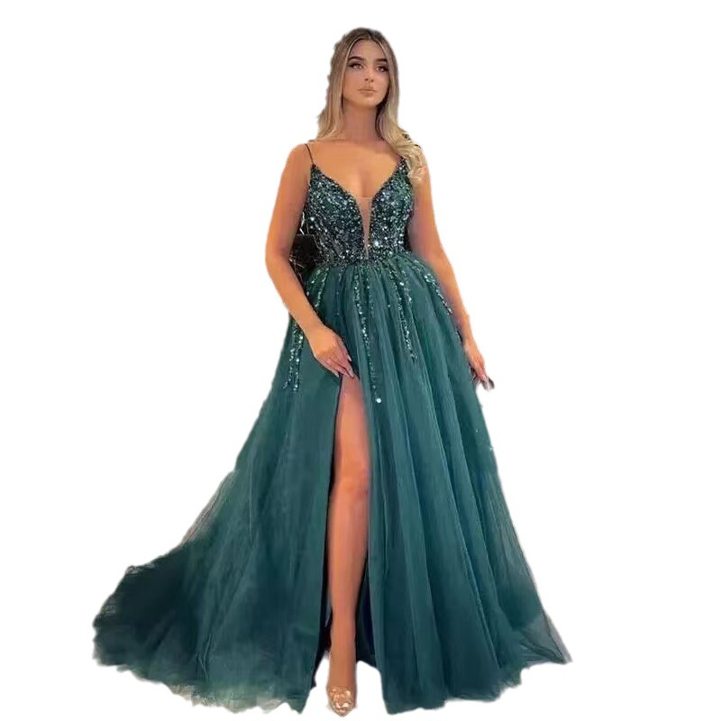 Europeo y americano vestido transfronterizo al por mayor 2024 nueva primavera sexy largo banquete en V profundo vestido de malla de lentejuelas
