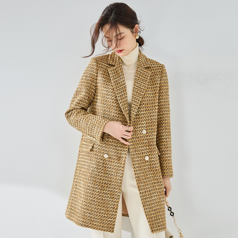 New Classic Retro Style Woven Plaid Tweed Jacket Mid-Length Top Suit for Women 12681
