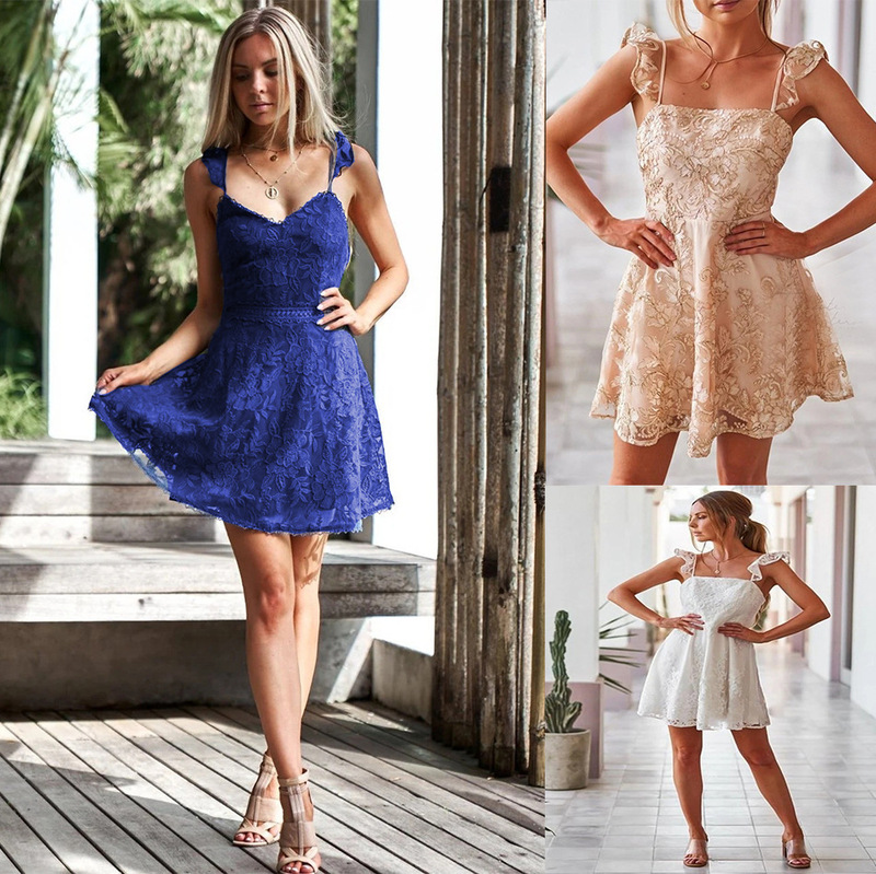 2022 Summer Skirt Lace Strap Backless Slim Sexy Dress Amazon Hot Beach Dress