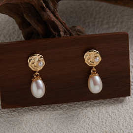 S925通体纯银天然淡水珍珠彩宝耳钉女气质玫瑰花朵耳饰珍珠耳坠