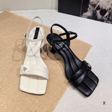 欧洲站XJ女鞋24夏季新时尚花朵软小羊皮方头舒适一字带细高跟凉鞋