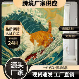 跨境供应浴帘浴室织物免打孔复古冲浪的猫咪图片带12个挂钩