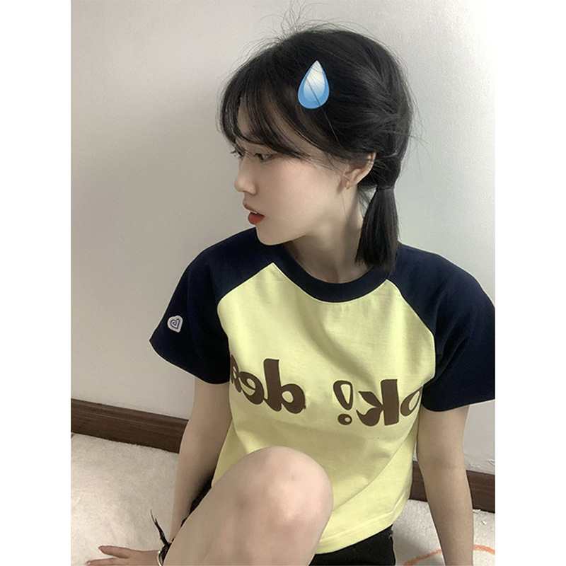 American Style Retro Raglan Sleeve Contrast Color Short Short-sleeved T-shirt Women's Summer Ins Sweet Spice Girl Slimming High Waist Navel Top