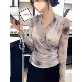 领交叉晕染网纱小衫女衬衫春夏晒罩衫设计感小众修身法式上衣