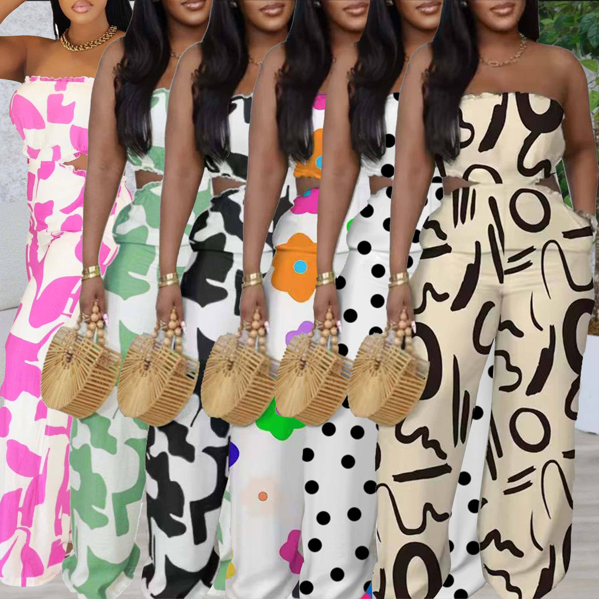 S11018 Elegant Tube Top Printed Wide-Leg Jumpsuit