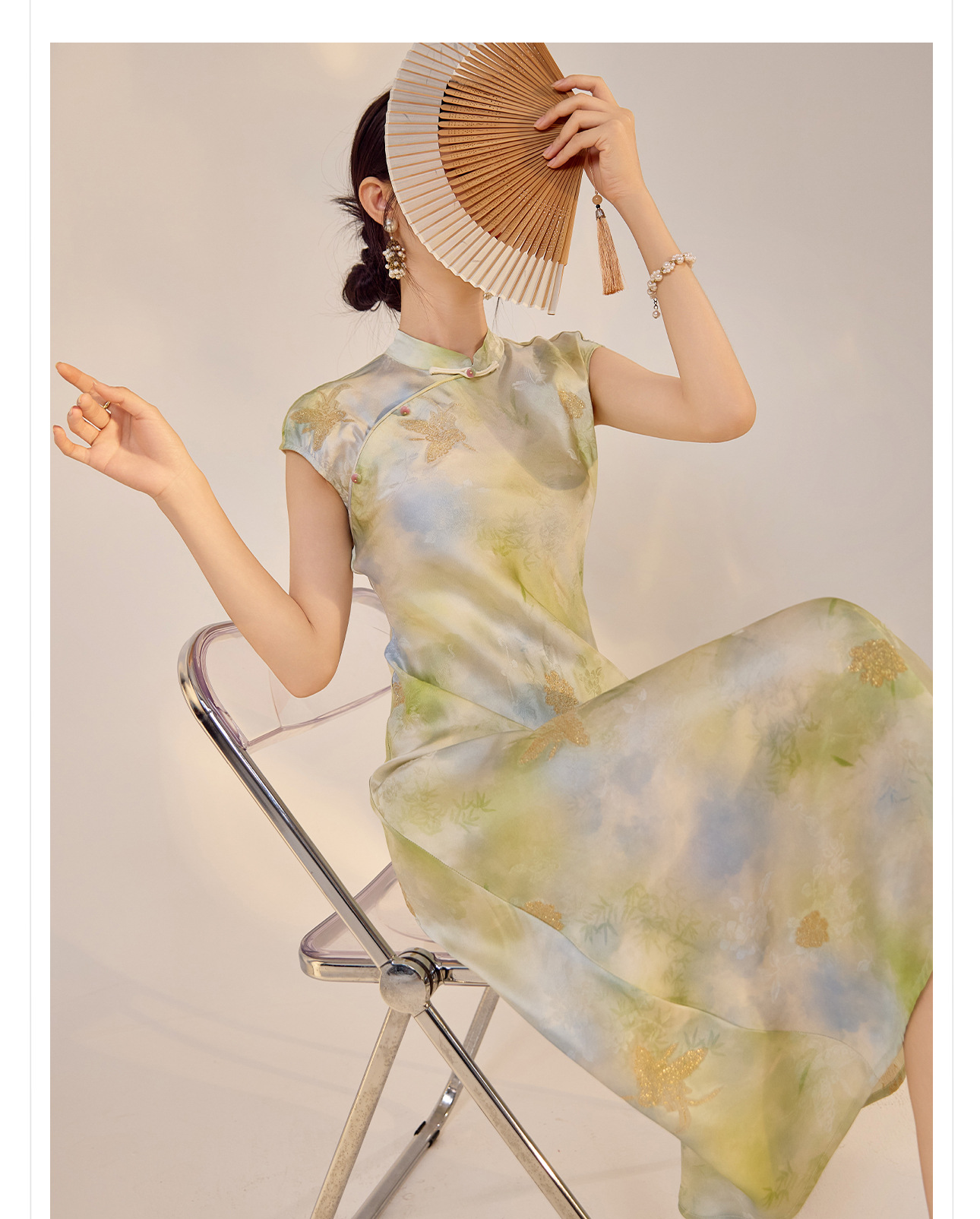 Váy Qipao cải tiến cao cấp phong cách Trung Quốc mới, in họa tiết tinh tế, cổ đứng ôm sát N5008 — Hiển thị màu xanh chi tiết 6