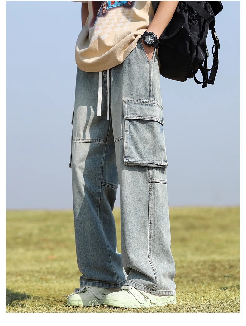 ​​Men’S Cargo Jeans – Vintage Washed Denim Pants With Patchwork & Multi-Pockets​​ Relaxed Straight Fit​​_mkmklike.com