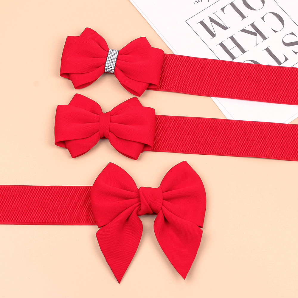 Ceinture décorative à nœud papillon avec jupe, ceinture large élastique rouge incrustée de diamants pour femmes, taille polyvalente amincissante_voghion.com