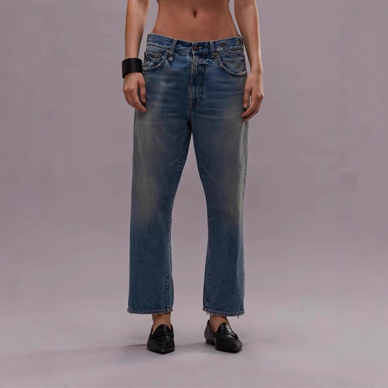 2025 New R13 Cotton Mid-Waist Loose Straight Pants Retro Old Indigo Washed Nine-Point Jeans for Women Ins