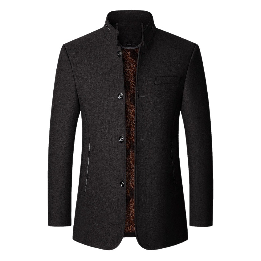 Otoño e invierno de mediana edad forrado de lana engrosada abrigo de lana para hombres collar de pie chaqueta casual papá desgaste abrigo de lana de invierno