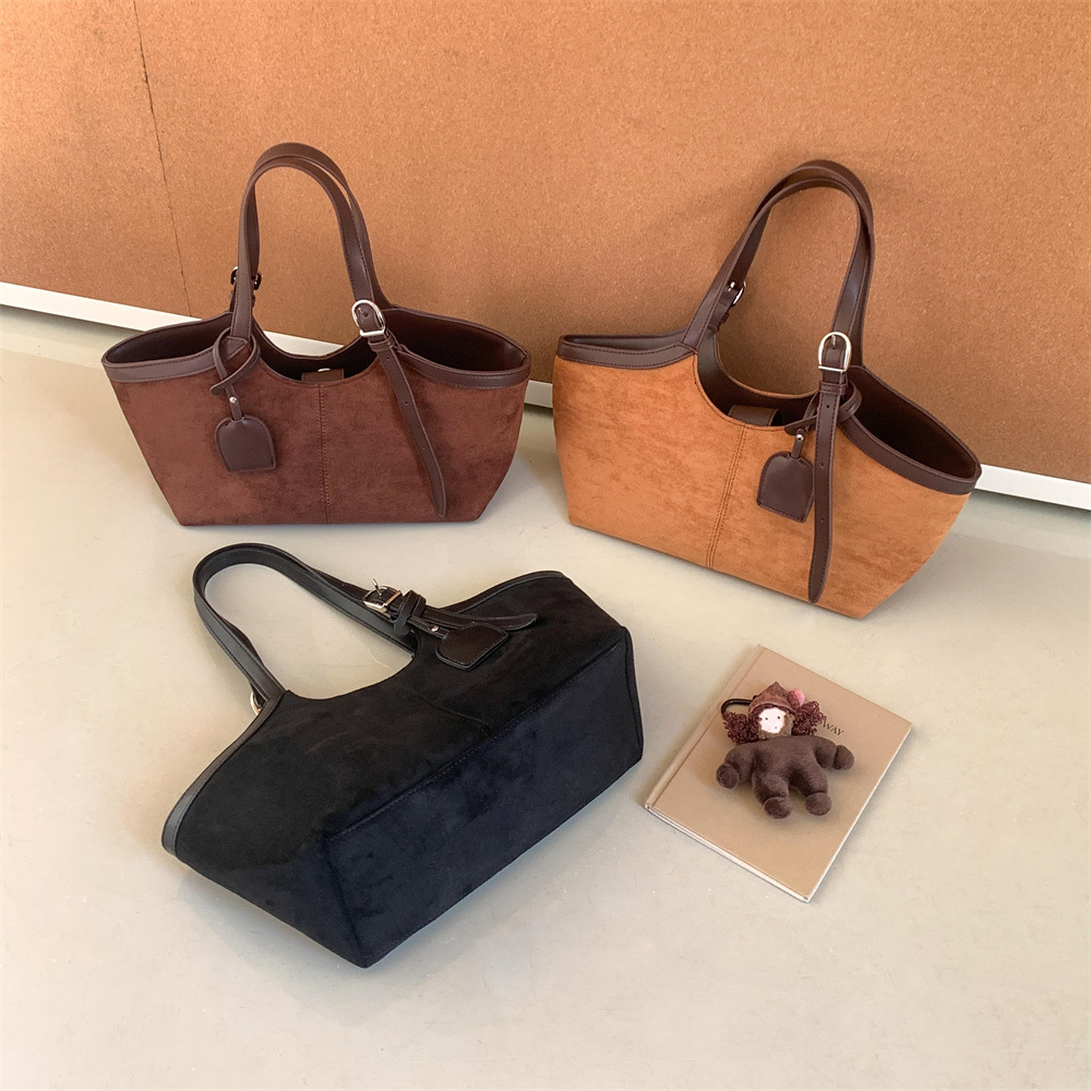 Autumn/Winter Suede PU Patchwork Creative Market Tote Bag Large Capacity New Commuter Shoulder Bag for Women - Thumbnail 4