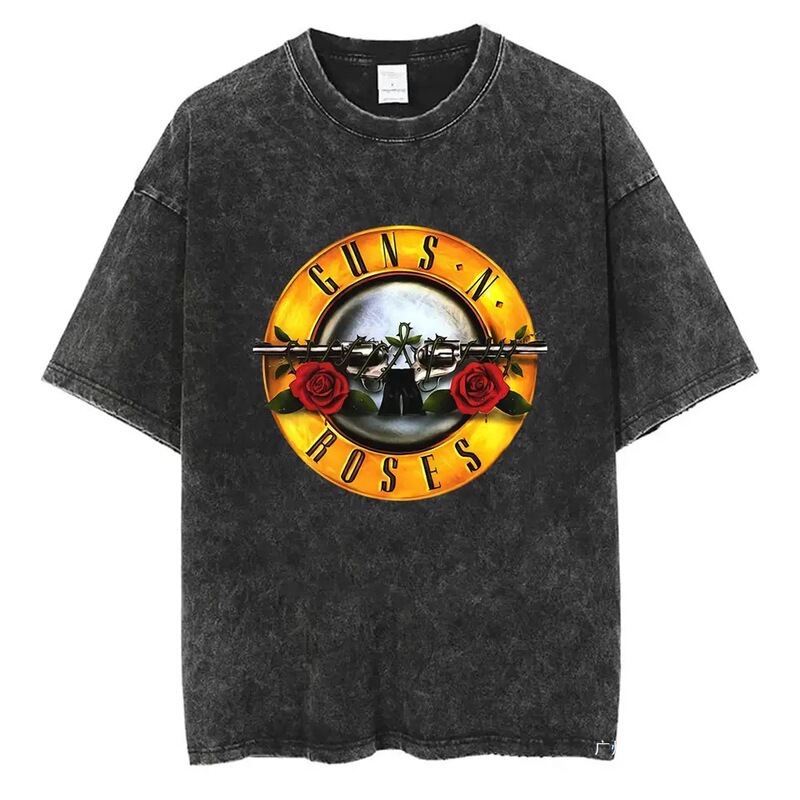 Wasehd Retro Guns and Roses Bullet Rock Band Music Black T-Shirt Unisex Casual Oversized Short Sleeve Men's