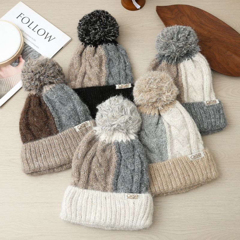 Fashion Versatile Color Block Pom Knitted Autumn Winter Outdoor Fleece Lined Thickened Warm Artistic Retro Pullover Hat_voghion.com