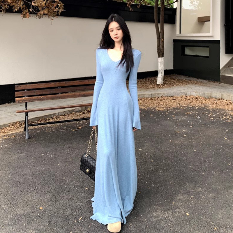 小个子长袖连衣裙黄色针织开春女春秋收腰修身内搭裙春装2025长裙|undefined