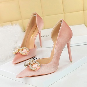 1363-K79 Banquet High Heels Shallow Notched Pointed Thickened Suede Side Cut Pearl Water Diamond Buckle Bow Tie Single S