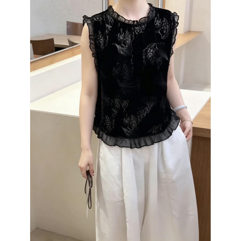 Korean-style black velvet jacquard sleeveless shirt for women, summer 2026 new versatile semi-transparent ruffled tank top Korean-style black velvet jacquard sleeveless shirt for women, summer 2026 new versatile semi-transparent ruffled tank top
