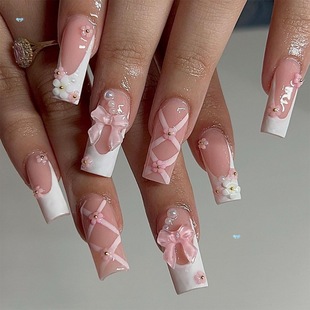 24Pcss Press on Nails Elegant Pink French Style Bow and Cross-Border