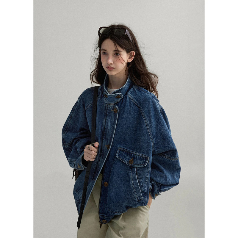 3737 #   Letm Vintage-Style/Denim Texture Stand-Up Collar Color-Blocked Oversized Bomber Jacket Short Style