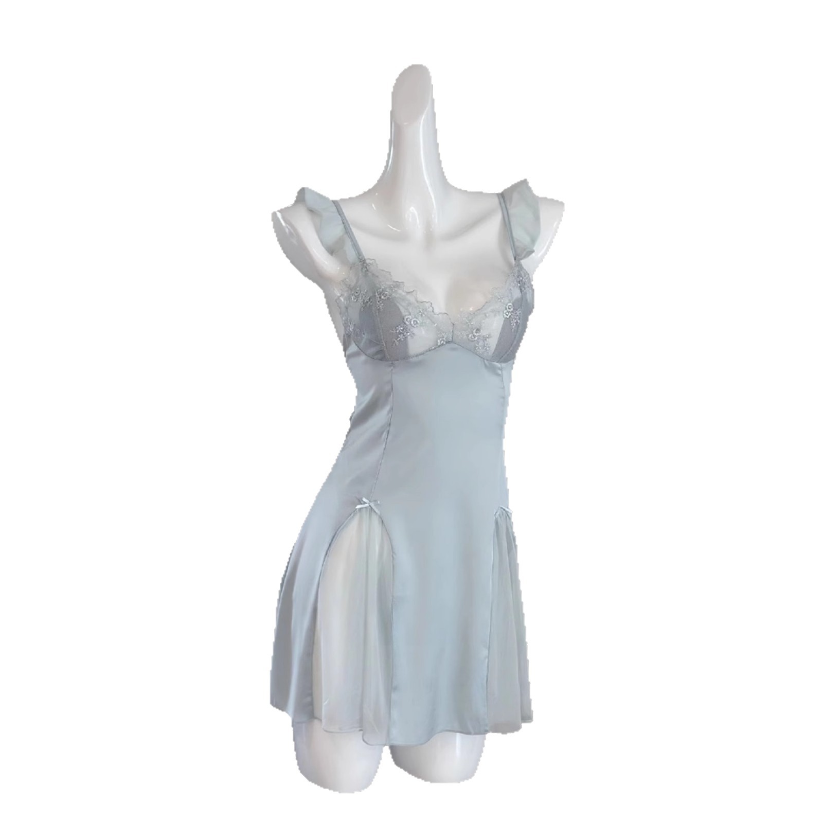 Conjunto de camisón y pijama sexy para mujer, otoño e invierno, de alta gama, estilo puro y sensual, para busto pequeño con almohadillas, camisón de seda helada con encaje.