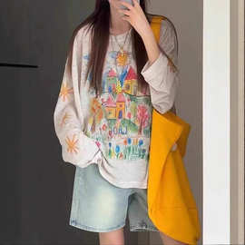 物理防晒复古涂鸦印花长袖T恤女夏季新款宽松薄款中长款罩衫上衣