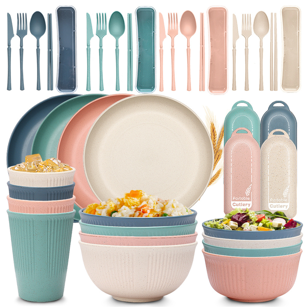 Wheat Straw Vertical Pattern Tableware Set Bowls Cups Plate Portable Tableware Knife Fork Spoon Chopsticks Straw Gift Set