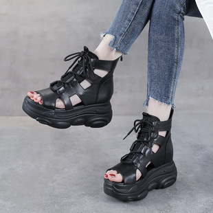Yiran Summer First-Layer Cowhide Platform Shoes Genuine Leather Fish Mouth Hole Sandals Women's High-Top Thick Sole Cut Out Roman