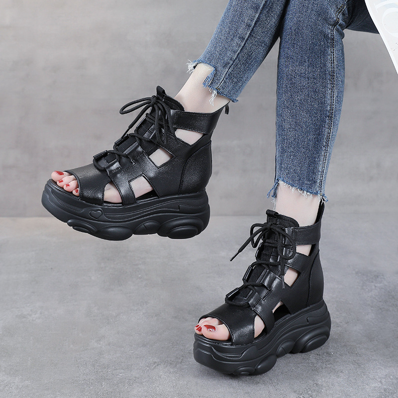 Sandal nữ da bò thật đế bánh xốp tăng chiều cao, quai mảnh cổ cao phong cách La Mã — Màu nâu
