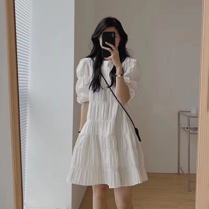 幫手SKU圖-小個子白色褶皺連衣裙女夏溫柔風寬松顯瘦短裙適合