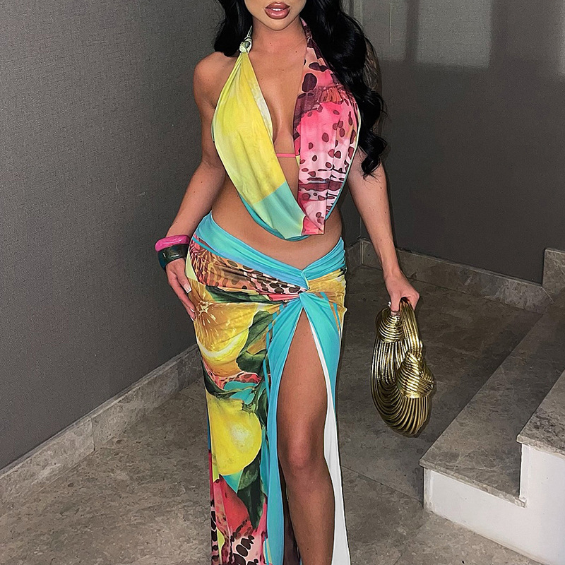 Women's Fashion Sexy Halter Neck Backless Top And Slit Skirt Set Summer New Style_ecoleips.com