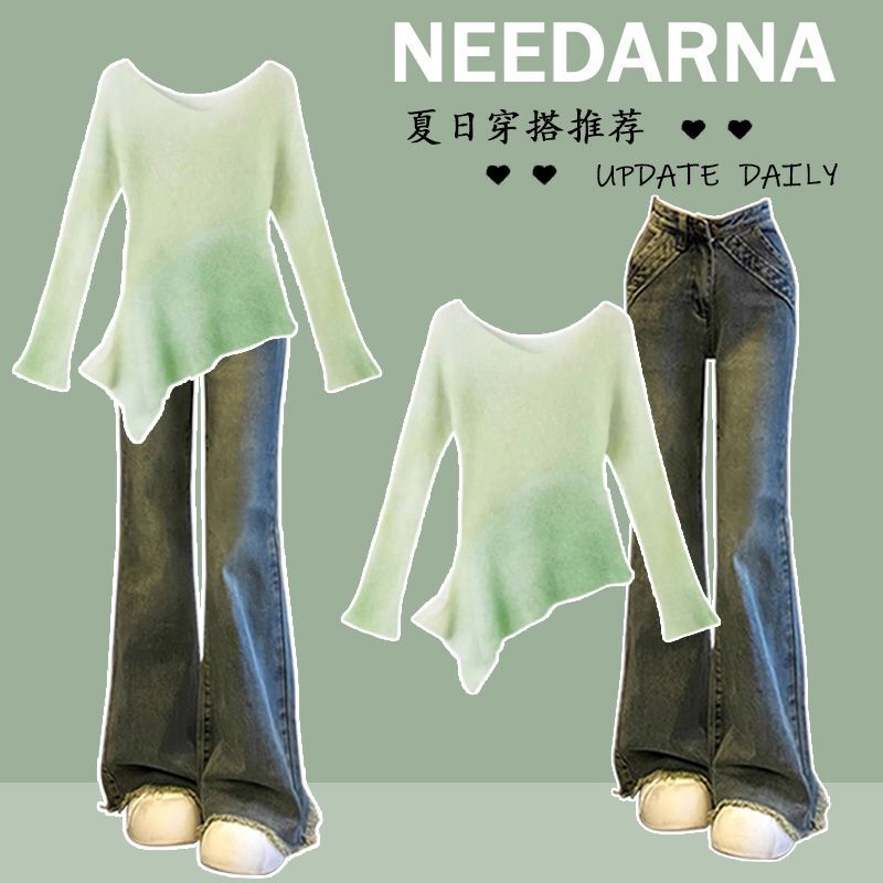 Fashionable Outfit # Dopamine Gradient Green Irregular Knit Sweater Paired with Vintage Frayed Flared Jeans