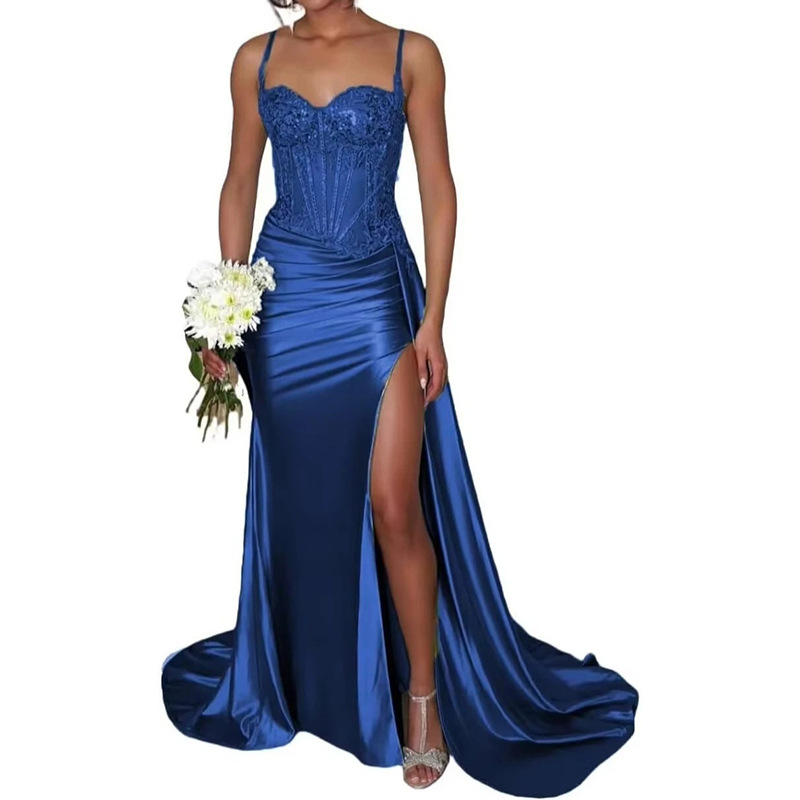 Vestido de noche sexy dividido de satén Vestido largo de tubo transfronterizo europeo y americano con cintura de espina de pescado Vestido delgado Falda larga image 11