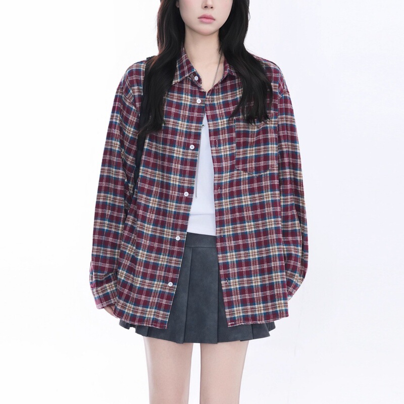 Retro Classic Red and Blue Plaid Long-Sleeved Shirts for Men and Women in Autum, Lazy Loose Silhouette Shirts, Sports Casual Jackets