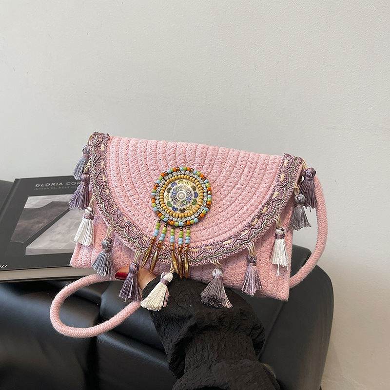 Handmade Rattan Shoulder Bag With Leather Trim Eco-friendly Basket_voghion.com