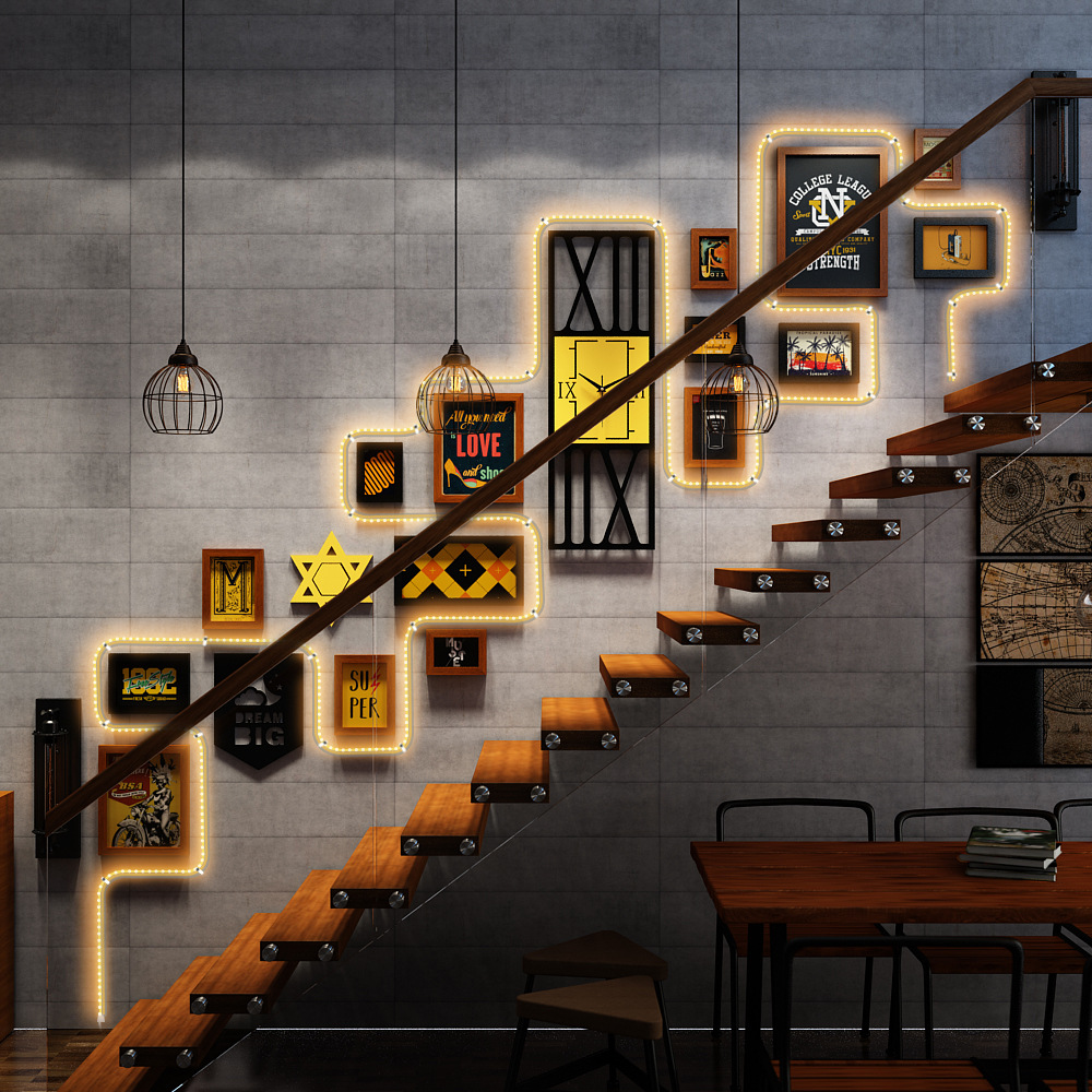 Polymer 2664 Retro Staircase Photo Wall Sticker Led Light Strip Combination Photo Frame Industrial Style Luminous Decorative Painting