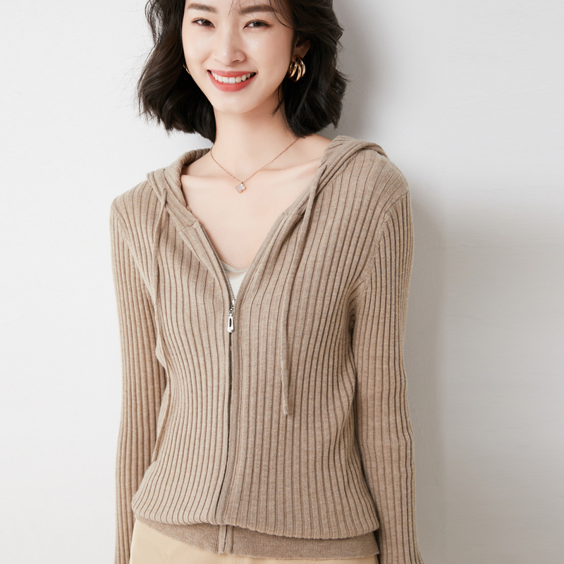 拉链连帽开衫女针织打底衫休闲宽松针织衫毛衣2021春秋新款羊毛衫|ru