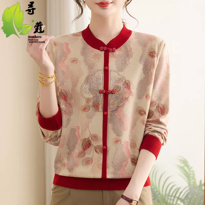 新款国风中老年女装针织衫时尚洋气中年装妈妈装长袖上衣女大码女