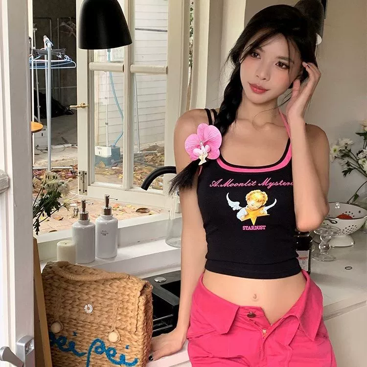 Чистый ветер американский горячий школьник с принтом камзол жилет летом тонкое тело белый без рукавов короткий топ