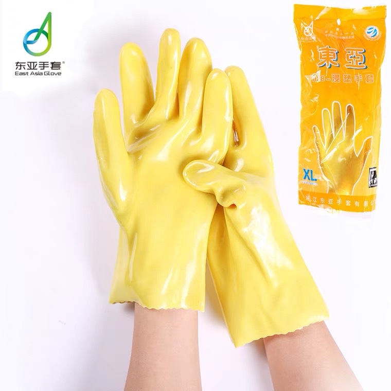 东亚028 耐油耐酸碱浸胶手套 黄色棉毛浸塑劳保手套工业防护手套