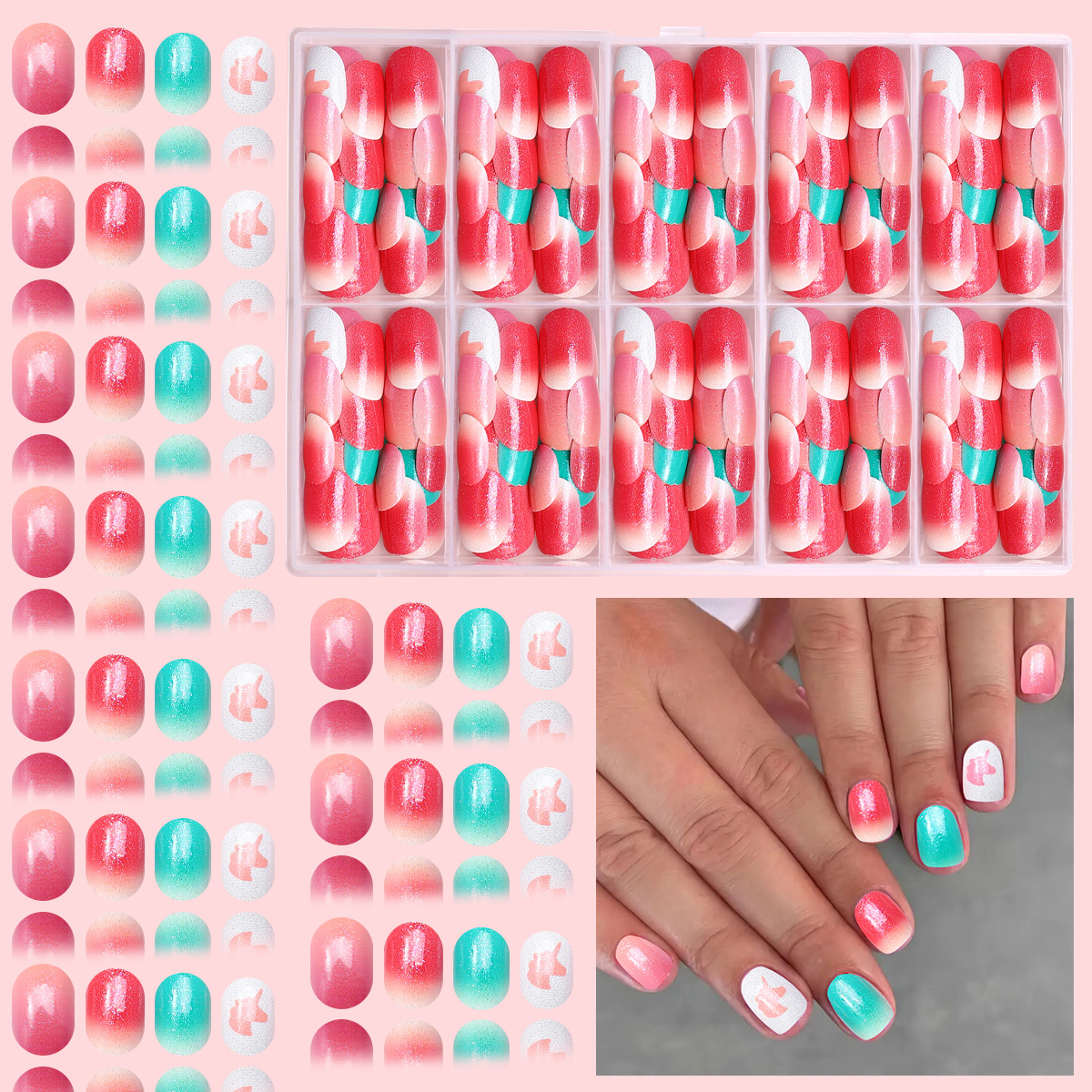 Nuevo niño impresión UV desgaste de uñas 120 piezas de caja de uñas falsas lindas dibujos animados mezclados parches de uñas