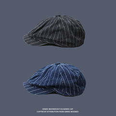 復古日系牛仔八角帽男女水洗條紋報童帽英倫前進鴨舌帽子