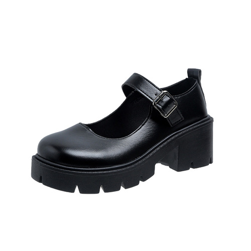 Korean version small leather shoes for women, Korean daily round head large head JK uniform Ins black retro lo thick sole Mary Jane shoes