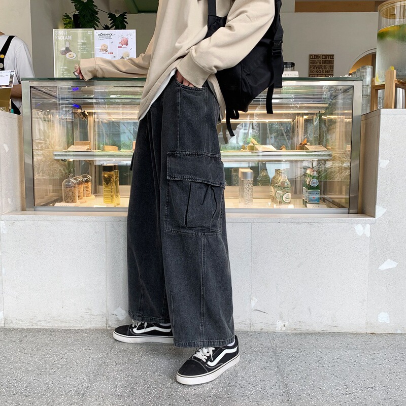 Tooling Jeans Men's Loose Straight Hong Kong Style Trendy Brand ins Four Seasons Korean Style Trendy Pendant Wide Leg Dad Pants