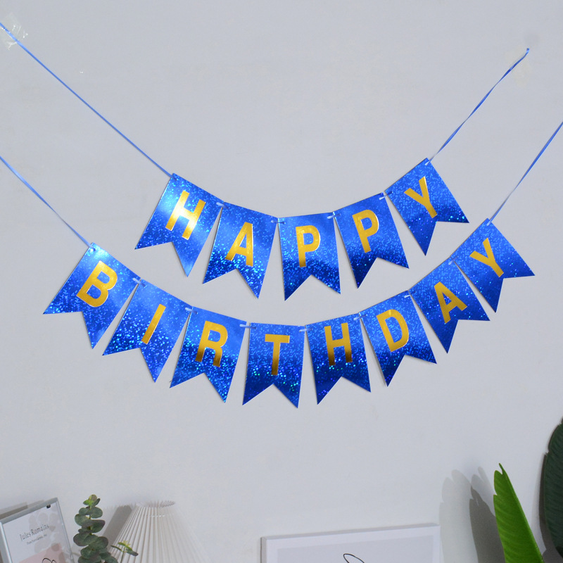 Papel de cumpleaños inglés dorado superficie brillante cola de pez tire bandera Feliz cumpleaños carta colorida bandera accesorios de decoración de fiesta
