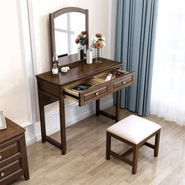 美式实木梳妆台组装乡村复古橡胶木卧室家具镜子梳妆凳木质化妆桌
