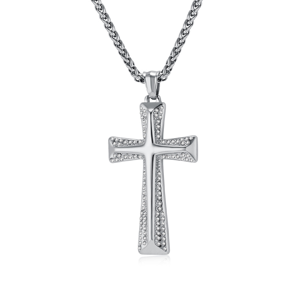 Cross-Border European And American Hip-Hop HIPHOP Titanium Steel Gold Plated Diamond Stalen Cross Necklace Niche_voghion.com