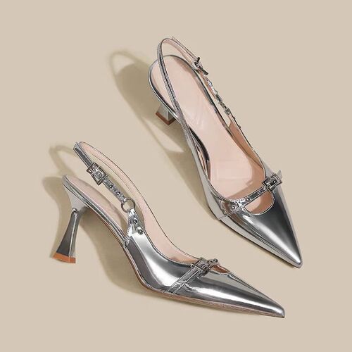 niche fashion design, one-button, single-layer, back-strap, rivet, black high heels, 2025 summer and autumn new