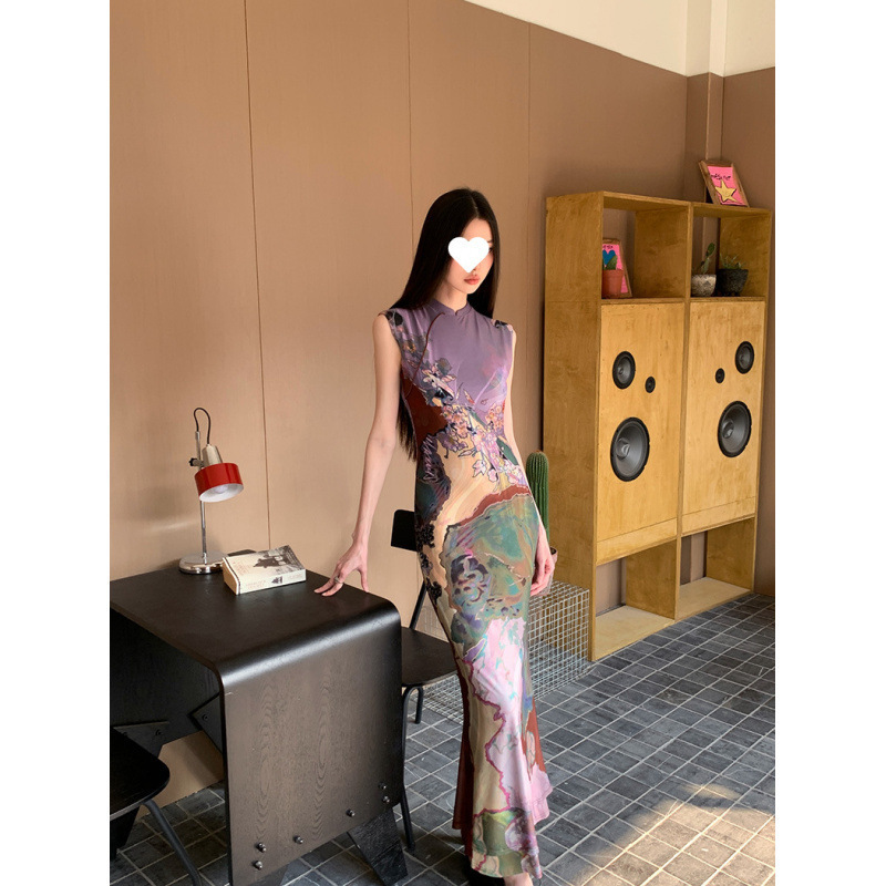 新中式前后两穿撞色旗袍连衣裙女印花鱼尾背心裙收腰包臀国风|undefined