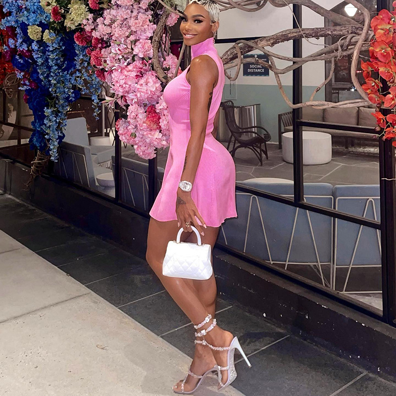 Fashion Solid Color High Neck Sleeveless Patchwork Spandex Polyester Above Knee Princess Dress