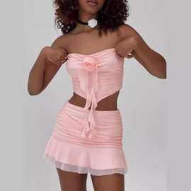 新品粉色半裙套装花卉立体图案抹胸上衣压褶短裙优雅甜美套装3802