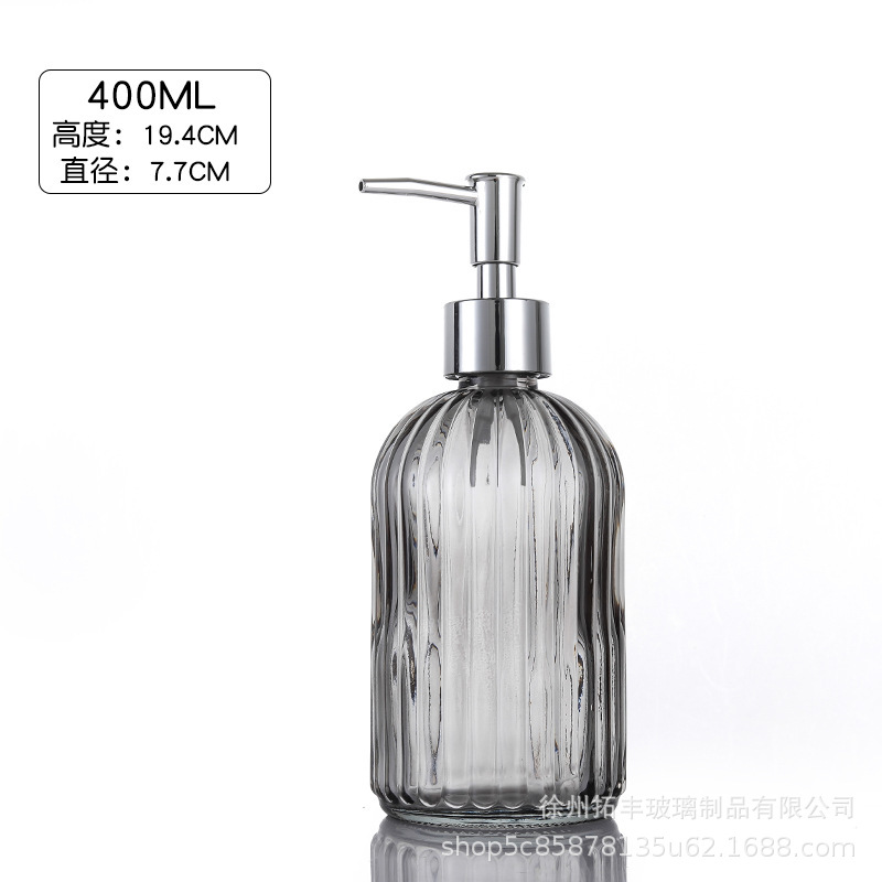 400ml; botella gris + cabeza de bomba plateada; vidrio